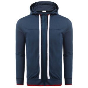 Dark Blue Men’s Drawstring Long Sleeve Zip Casual Hoodie